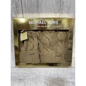 MICHAEL KORS 2 Piece Set Knit Brown Scarf Hat BRAND NWT MSRP $98 Beanie